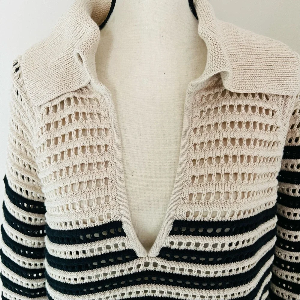 J Crew Crocheted Cream/Black Stripe Open Neck Pullover XL
